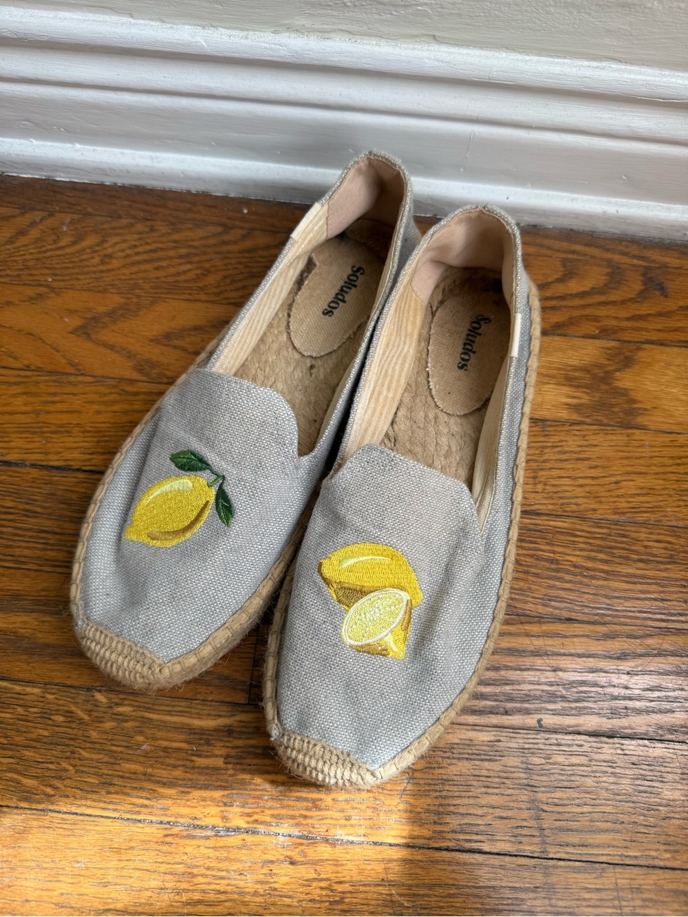 Soludos Light Blue Canvas Espadrilles with Yellow Lemon Embroidery